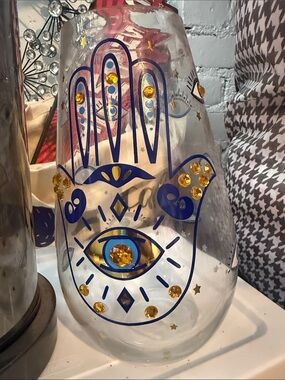 Source Unknown Blue and Gold Hamsa Glass Vase